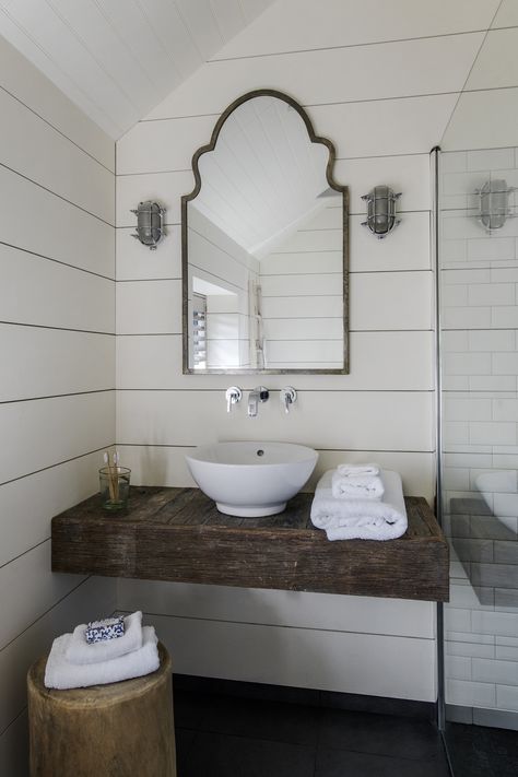 Cottage bathroom ideas: 22 practical spaces full of character | Shiplap Powder Room, New England Interior Design, Long Narrow Rooms, Farmhouse Powder Room, New England Interior, Wall Mounted Faucet, Cottage Bathroom Ideas, Bathroom Window Treatments, New England Farmhouse