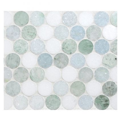 Penny Rounds Mosaic Tile | Polished Marine Blend Marble Want this in master bath!  Floor?  Shower floor and/or accent? Camp Bathroom, Mosaic Backsplash Kitchen, Mosaic Tile Patterns, Penny Round Mosaic, Penny Round Tiles, Mosaic Tile Backsplash, Penny Tile, Round Tiles, Penny Round