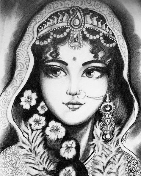 bhumika sharma🐼 on Instagram: “O radha rani!!! ❤️ O Queen of Vrindavan!!! 👣 Your complexion is like molten gold, your doe-like eyes are captivatingly restless. 🌼 O radhe,…” Radha Rani Portrait, Radhe Rani Drawing, Radha Rani Drawing Pencil, Radha Rani Pencil Sketch, Mandala Drawing Radha Krishna, Radha Rani Mandala Art, Radha Sketch Pencil, Radha Krishna Images Drawing, Radha Drawing Pencil