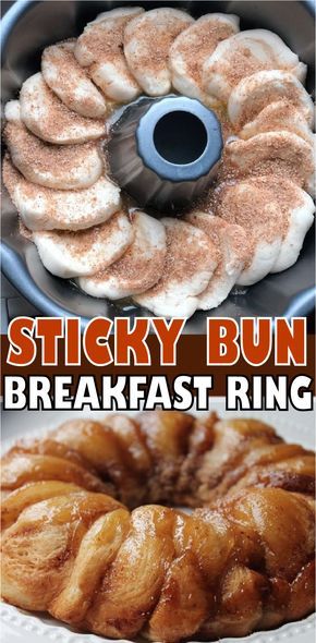 STICKY BUN BREAKFAST RING Potato And Egg Casserole, Vegan Sticky Buns, Pinterest Desserts, Easy Sticky Bun Recipe, Homemade Sticky Buns, Caramel Pecan Sticky Buns, Easy Sticky Buns, Bisquick Biscuits, Breakfast Ring