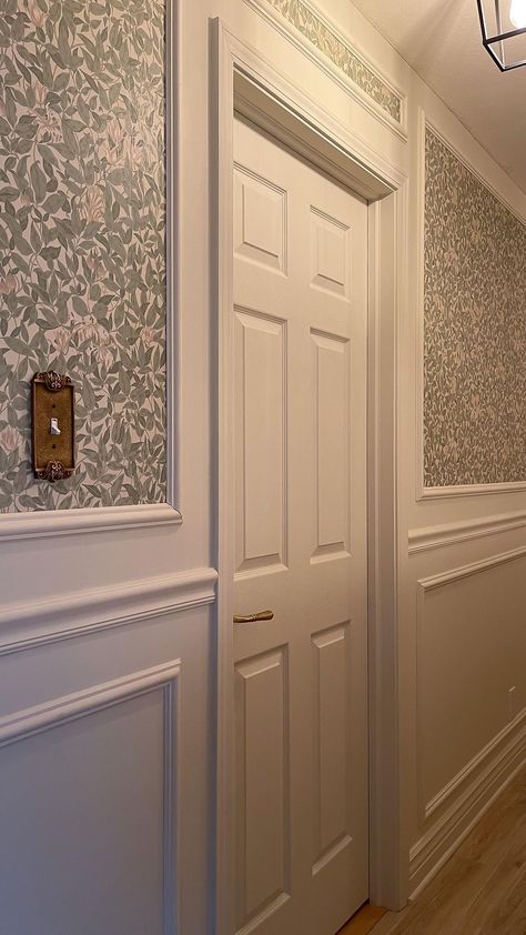 Carrie’s Instagram profile post: “A lot of work later…the upstairs is 90% done. 😂 I still have two floor transitions and the jib door for the linen closet to do. It will…” Hallway Decorating Wallpaper, Landing Wallpaper, Jib Door, Floor Transitions, Modern Hallway Design, Upstairs Landing, Hallway Inspiration, Narrow Hallway Decorating, House Trim