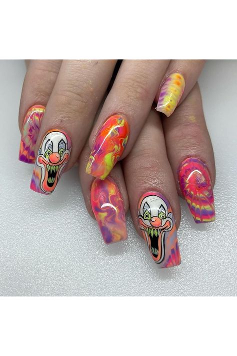 Halloween Nails Coffin Press on Nails Long False Nails for Women with Clown Designs Color Press on Nails Full Cover Glue on Nails, Acrylic Stick on Nails In Fake Nails Kit Cartoon Clown, Acrylic Glue, Nails Colorful, Ballet Nails, Medium Coffin, Halloween Press On Nails, Press On Nails Medium, Manicure Diy, Coffin Press On Nails