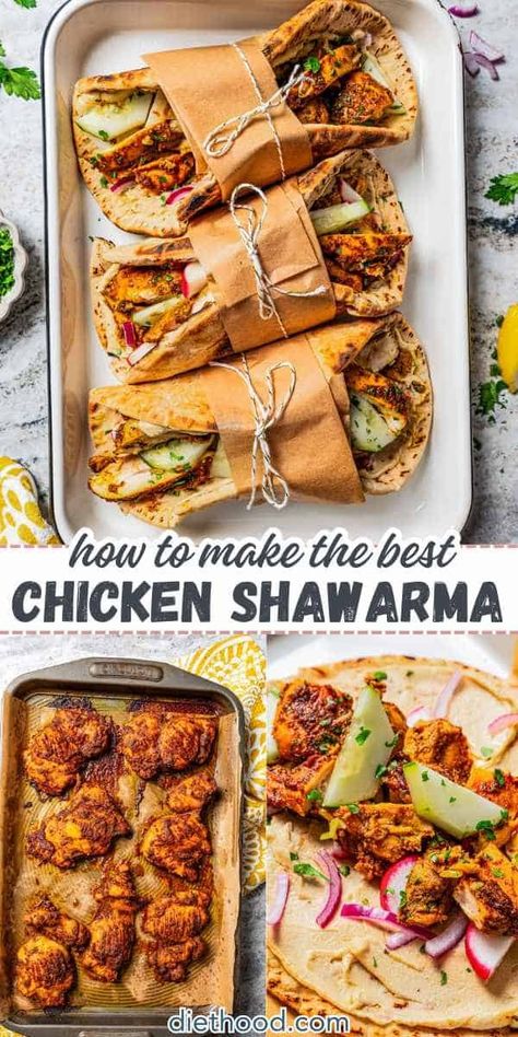 Bursting with tons of flavor, this baked Chicken Shawarma features juicy chicken thighs marinated in a homemade blend of Middle Eastern spices. Perfect for an easy weeknight meal, serve it in a warm pita or over a fresh salad! #chicken #shawarma Diethood Recipes, Homemade Marinade, Juicy Chicken Thighs, Shawarma Seasoning, Chicken Shawarma Recipe, Shawarma Recipe, Salad Chicken, Healthier Meals, Chicken Slices