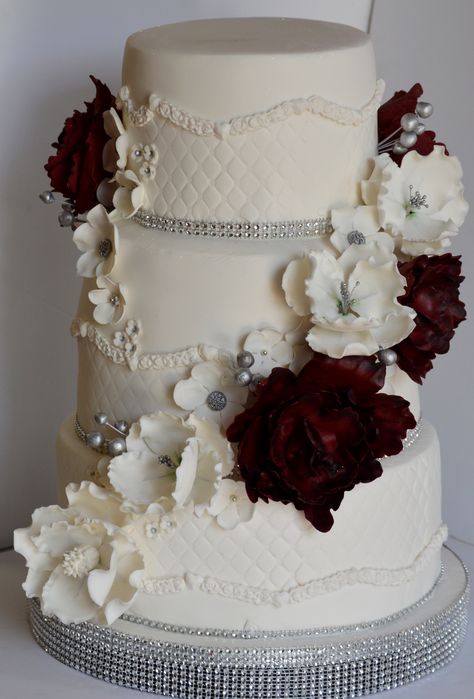 Maroon Themed Wedding Cake, Maroon Wedding Cake Design, Wine Red Wedding Cake, Wedding Cake With Peonies, Cake With Peonies, Wine Wedding Cake, Red Velvet Wedding Cake 2 Tier, Two Tier Red Velvet Wedding Cake, Red Velvet Wedding