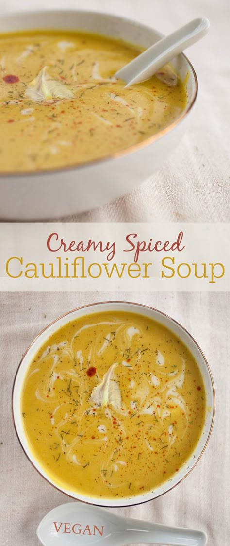 Creamy Spiced Cauliflower Soup Spiced Cauliflower, Cauliflower Soup Recipes, Vegan Soups, Soup Season, Cauliflower Soup, Vegan Soup, Jambalaya, Cauliflower Recipes, Food Healthy