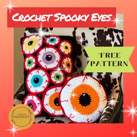 #crochethatpattern #freepatterncrochet #easycrochetpattern #halloween #eyes #spookyart #diyhomedecorideas Crochet Halloween Eyeball, Crochet Eyeballs, Knit Potholders, Crochet Eyeball, Crocheted Halloween, Spooky Crochet, Knitting Things, Bloodshot Eyes, Sew Patterns