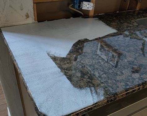 Epoxy Granite Countertop, Can You Paint Over Granite Countertops, Paint Black Granite Countertops, Painted Stone Countertops, Update Granite Countertops Diy, Granite Countertop Makeover, Concrete Over Granite Countertops, Cover Granite Countertops, Epoxy Countertop Over Granite