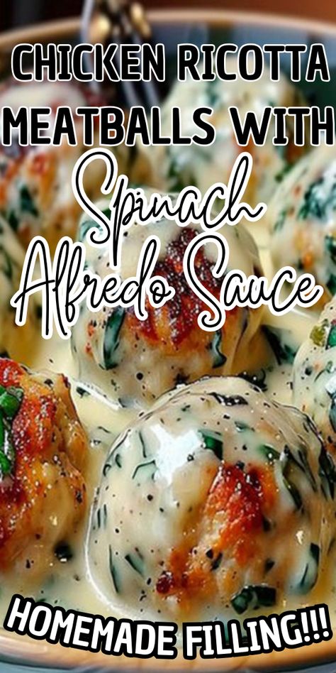 Chicken Ricotta Meatballs with Spinach Alfredo Sauce Chicken Franchise Meatballs, Chicken Alfredo Meatballs, Chicken Ricotta Meatballs With Spinach, Baked Chicken Ricotta Meatballs, Chicken Spinach Manicotti, Chicken Spinach Meatballs, Alfredo Meatballs, Chicken Ricotta Meatballs, Spinach Alfredo Sauce