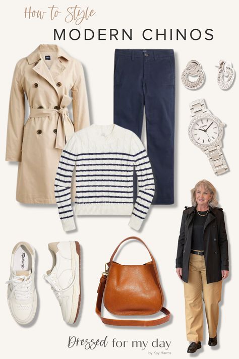 Chinos Women, Loafers With Socks, Dressed For My Day, Have A Great Friday, Navy Chinos, Green Chinos, Slim Chinos, Striped Midi Skirt, Feminine Blouses