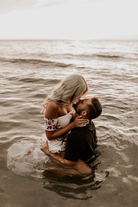 A steamy water engagement Session at Golden Hour. Intimate Water Photoshoot, Steamy Water Photoshoot, Couples Water Photoshoot Ideas, Wedding Water Photoshoot, Fall Water Engagement Pictures, Couple Beach Water Pictures, Engagement Photoshoot Ideas Water, Couples Bourdier Photoshoot Beach, Water Photography Couples