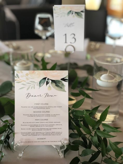 Dinner menu displayed on each table so guests can see what is being served! A very smart idea Round Table Settings, Roasted Yams, Wedding Table Menus, Menu Display, Roasted Beet Salad, Beef Filet, Lunch Table, French Crepes, Roasted Chicken Breast