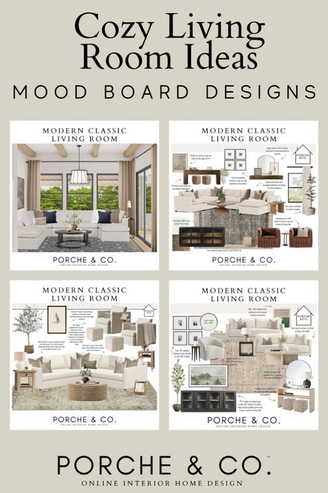 Get inspired by our cozy living room mood board designs that blend modern classic home decor styles with warm tones and textures. Our mood board design ideas create a warm space perfect for a family room or living room. Head to our blog to learn more about living room interior design ideas as well as other interior design and home decor tips. Living Room Concept Board, Living Room Mood Board Leather Couch, Family Room Mood Board, Rustic Living Room Mood Board, Interior Design Mood Board Presentation Living Room, Physical Mood Board Interior, Modern Classic Living Room Design, Cozy Living Room Ideas, Classic Living Room Design