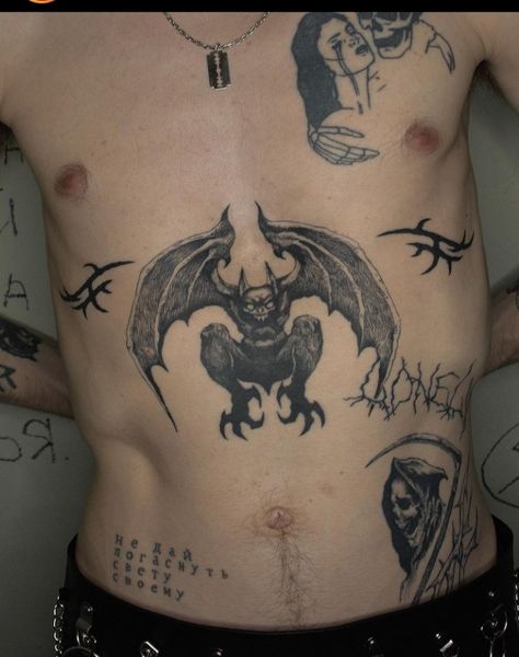 Edgy Men Tattoo, Black Stomach Tattoo, Blackwork Chest Tattoo, Blackwork Tattoo Men, Grotesque Tattoo, Stomach Tattoo Ideas, Back Piece Tattoo Men, Gargoyle Tattoo, Taboo Tattoo