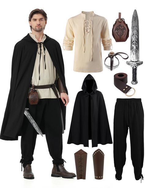 PRICES MAY VARY. Mens Renaissance Costume Set PackageIncluding: 1 * medieval pirate Shirt, 1 * men's renaissance gothic pants, 1 * long cloak, 1 * viking belt, 2 * faux leather arm banded, 1 * bottle, 1 * prop sword, 1 * pouch Vintage Design: This renaissance costume men full outfit is designed with a classic Nordic warrior garb, with a mandarin collar, drawstring and adjustable sleeves adding a retro touch; These men's ankle strap pants create the ideal pirate look, unique and stylish. The medi Norse Clothing Men, Elf Costume Male, Ren Faire Costume Men, Medieval Mens Clothing, Mens Viking Costume, Viking Costumes, Archer Costume, Medieval Pirate, Medieval Outfit