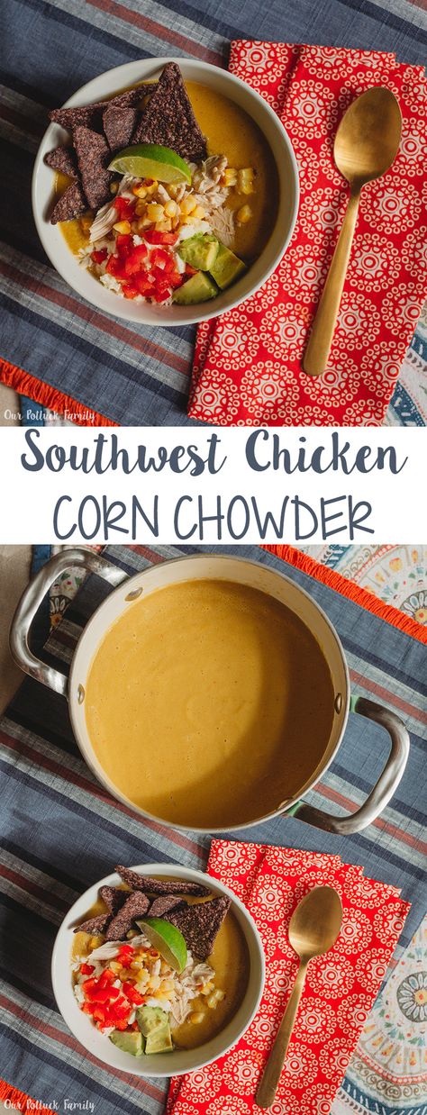 Southwest Chicken Corn Chowder Southwest Chicken Corn Chowder Recipe, Chicken Corn Chowder Recipe, Chicken Corn Chowder, Chicken Corn, Corn Chowder Recipe, Southwest Chicken, Chowder Recipe, Soup Kitchen, Roasted Corn