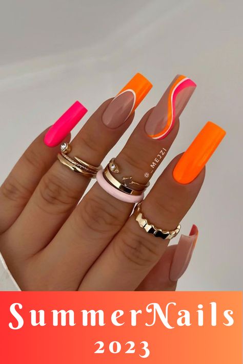 summer nails Bright Coffin Acrylic Nails, Bright Nails Square, Holiday Nails Summer 2023 Bright, Bright Orange French Tip, Holiday Nails Summer Acrylic Bright, Neon Holiday Nails, Holiday Nails Summer 2023, Nails Summer Beach, Holiday Nails Summer