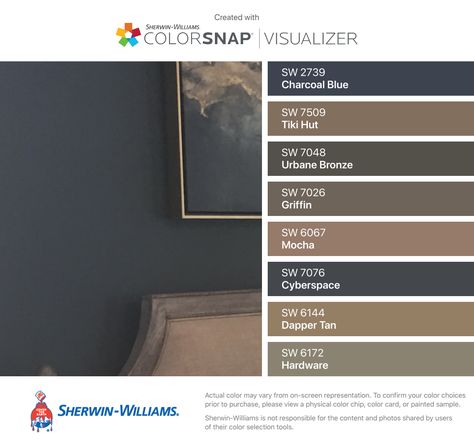 Sherwin Williams Tiki Hut, Sw Cyberspace Color Palette, Sw Charcoal Blue Color Palette, Dapper Tan Sherwin Williams, Sw Griffin Paint, Tiki Hut Sherwin Williams, Sw Griffin, Sherwin Williams Griffin, Mocha Paint Colors