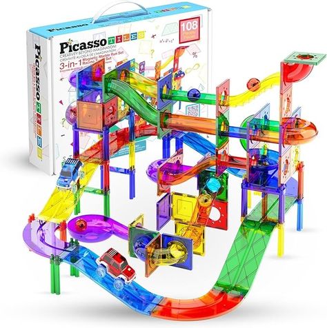 Amazon.com: PicassoTiles 108pc 3-in-1 Marble Run Car Race Track Combo Magnetic Tiles PicassoToys Magnet Building Block Educational Construction Toy Playset STEM STEAM Learning Kit Child Brain Development PTG108 : Toys & Games Marble Tracks, Race Car Track, Steam Learning, Support Columns, Toddler Essentials, Toy Playset, Magnetic Tiles, Stem Steam, Marble Run