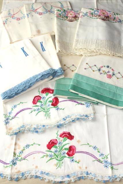 vintage hand embroidered pillowcases w/ crochet lace edgings, shabby cottage style bedding lot Vintage Embroidered Pillowcases, Shabby Cottage Style, Style Bedding, Floral Pillowcase, Crochet Lace Edging, Sewing Aprons, Embroidery Transfers, Linens And Lace, Embroidered Pillowcases