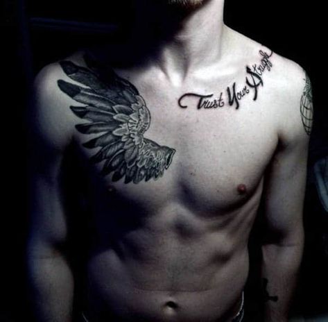 Top 39 Wing Chest Tattoo Ideas - [2021 Inspiration Guide] Kurt Tattoo, Wing Tattoo Men, Small Chest Tattoos, Lyrics Tattoo, Tattoos Infinity, Money Tattoo, Tattoos Mandala, Wing Tattoo Designs, Bone Tattoos