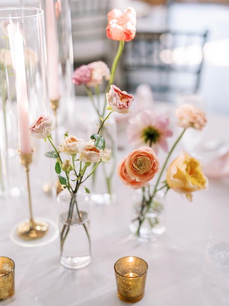 Pink And Orange Bud Vases Wedding, Peach Bud Vases, Terrain Wedding, Bud Vases Wedding, Black Wedding Flowers, Bud Vases Arrangements, Bud Vase Centerpiece, Flower Moxie, Centerpiece Inspiration