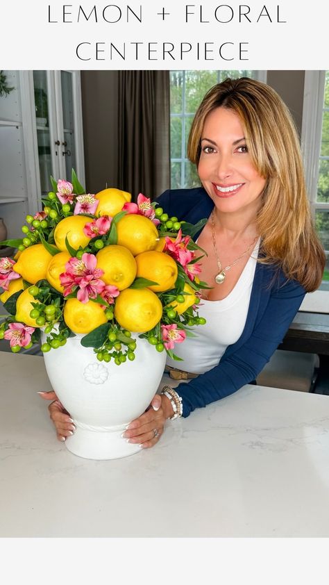 Instagram Cabana Party, Janine Graff, Lemon Tablescape, Lemon Table Decor, Lemon Themed Party, Lemon Centerpieces, Faux Plants Decor, Summer Flower Arrangements, Fruit Centerpieces