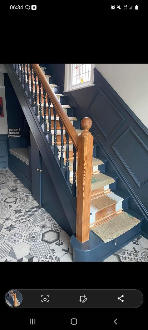 Navy Banister, Navy Staircase, Navy Stairs, Navy Hallway, Blue Staircase, Staircase Paneling, Modern Victorian Decor, Dark Staircase, Beige Hallway