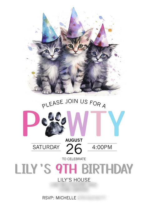 a kitten-themed birthday party invitation Cat Party Ideas, Watercolor Paw Print, Cat Birthday Party Invitations, Cat Birthday Invitations, Cat Invitations, Kitten Birthday Party, Three Kittens, Cat Themed Parties, Cat Themed Birthday Party