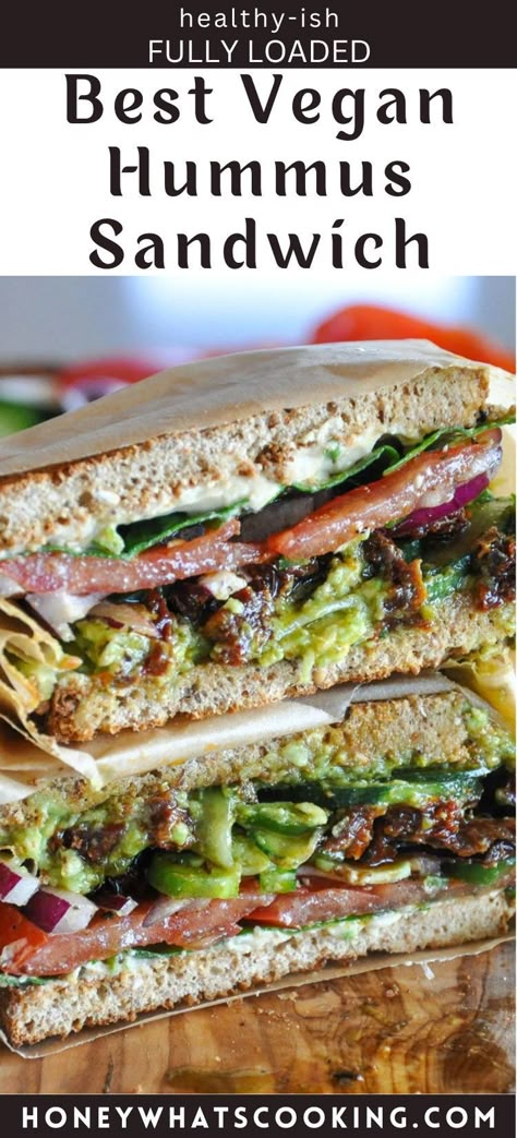 Best Vegan Hummus Sandwich with Sun-Dried Tomatoes is scrumptious and the ultimate vegan sandwich! This healthy-ish sandwich consists of Middle-Eastern, Indian, and Italian flavors all in one bite. Taste it to believe it! Vegan Soup And Sandwich, Best Vegan Sandwiches, Vegan Hummus Sandwich, Grilled Sandwich Recipes Vegetarian, Vegan Sub Sandwich, Vegetarian Sandwich Ideas, Roasted Grape Recipes, Hummus Sandwich Recipes, Vegan Sandwich Ideas