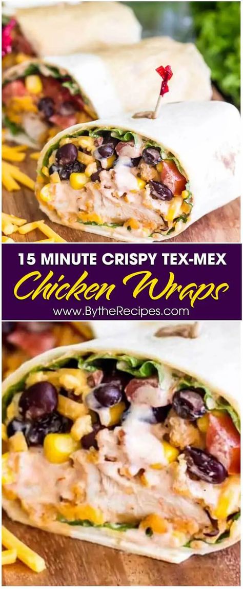 15 Minute Crispy Tex-Mex Chicken Wraps – By the Recipes Tex Mex Chicken, Corn Taco, Crispy Chicken Tenders, Green Salsa, Romaine Lettuce Salad, Lettuce Salad, Chicken Wraps, Flour Tortillas, Crispy Chicken