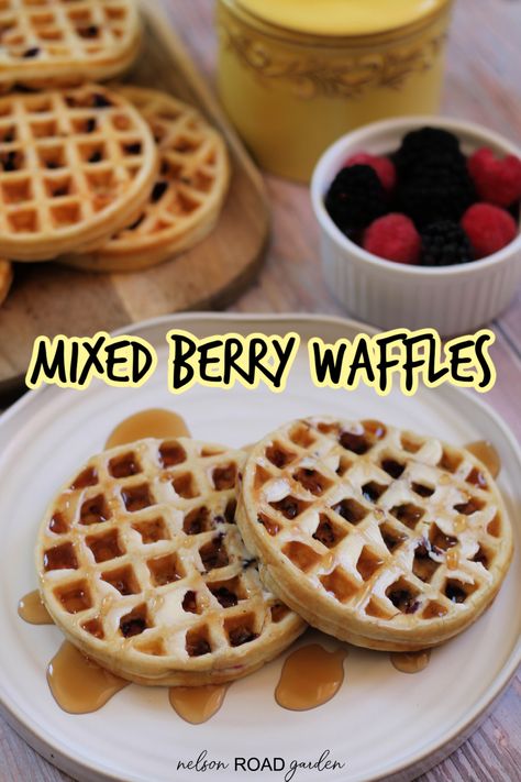 Fresh raspberries and blackberries mixed into the batter is what makes these waffles so good! An easy breakfast that the whole family will enjoy. Fruit Waffle Recipe, Small Batch Waffle Batter, Blackberry Waffles, Raspberry Waffles, How To Make Waffles With Pancake Mix Recipe, Mixed Berry Pancakes, Make Ahead Waffle Batter, Waffle Mix Recipes, Berry Waffles