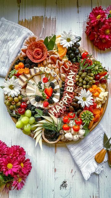 Charcuterie Board Ideas 21st Birthday, Birthday Cheese Platter, Happy Birthday Cheese Board, Charcuterie Board With Words, Disco Ball Charcuterie Board, Chatcurie Board Diy, Bachelorette Charcuterie Board Ideas, Cottage Core Charcuterie Board, Daisy Charcuterie Board