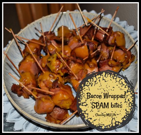 BACON WRAPPED SPAM BITES – Chasing MY Life WHEREVER it Leads Me Bacon Wrapped Spam Bites, Spam Bacon Recipes, Spam Bites, Fried Spam, 70s Food, Spam Recipes, Bacon Appetizers, Spicy Honey, Empanadas Recipe