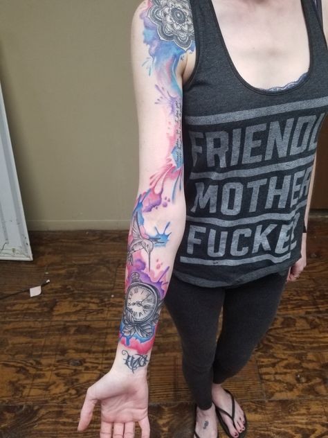 Watercolor tattoo sleeve Sleeve Watercolor Tattoo, Watercolor Arm Sleeve Tattoo, Watercolour Tattoo Sleeve, Tattoo Sleeve Watercolor, Watercolor Sleeve Tattoo, Watercolor Sleeve, Half Sleeve Girl, Ocean Sleeve Tattoos, Watercolor Tattoo Sleeve