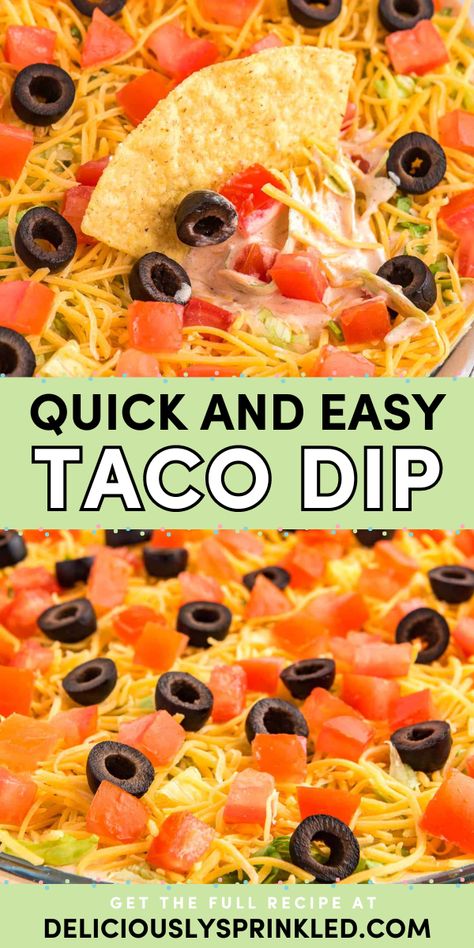 Whip up this cold taco dip! It's an easy 4th of July recipe in just 15 minutes. Made with cream cheese and sour cream, this simple summer dip is delicious. So, get your chips ready and serve this summer appetizer for party! Warm Dips Easy, Cold Chip Dip, Taco Dip With Cream Cheese, Cold Taco Dip, Appetizer For Party, July 4th Appetizers, Easy Game Day Food, Easy Taco Dip, Summer Dip Recipes