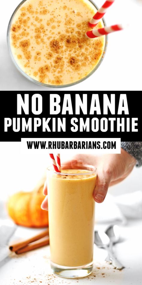 No banana pumpkin smoothie! This is my go-to recipe for the best healthy pumpkin smoothie! It's an easy pumpkin pie smoothie recipe with no banana! I love this pumpkin spice breakfast smoothie with yogurt. // Rhubarbarians // Healthy Pumpkin Smoothie Recipe, Breakfast Pumpkin Pie Smoothie, Pumpkin Puree Smoothie Healthy, Pumpkin Yogurt Smoothie, Smoothie Ideas Easy, Pumpkin Smoothie Without Banana, Yogurt Smoothies Healthy Breakfast, Pumpkin Pie Smoothie No Banana, Pumpkin Pie Smoothie Recipe