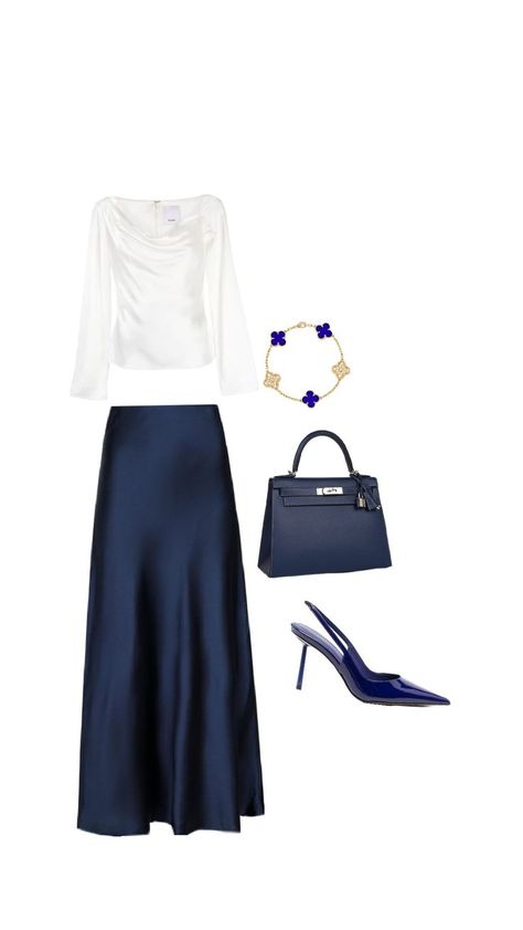 classy navy blue outfit, outfit inspo, Hermes birkin, van Cleef bracelet Van Cleef Bracelet, Cleef Bracelet, Navy Blue Outfit, Navy Outfit, Evening Dresses With Sleeves, Blue Outfit, Van Cleef, Hermes Birkin, Classy Outfits