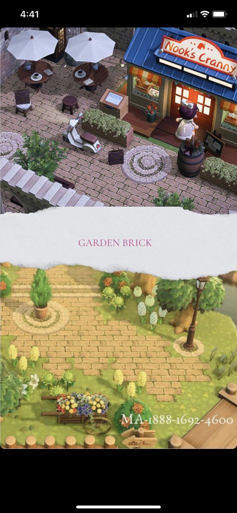 Animal Crossing Nook Shop Ideas Cottagecore, Animal Crossing Patio Design Code, Acnh Shops Designs, Nooks Cranny Ideas Acnh Springcore, Nooks Cranny Animal Crossing Ideas, Animal Crossing Neibourhood Ideas, Acnh Town Path Codes, Nooks Cranny Decor Ideas Acnh, Rugs Acnh