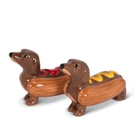 This Dachshund in hot dog salt and pepper set makes a great gift for fans of wieners and wiener-dogs alike! Made of ceramic and decorated with ketchup and mustard, these dashing dogs are both fun and functional -perfect for every kind of dog lover. Specifications Color: Brown Material: Ceramic Size: 4" L Weight: 2 lbs - SKU: ZX9MRJT19686 Color: Multicolor. Ketchup And Mustard, Dachshund Gifts, Dachshund Lovers, Dachshund Love, Weiner Dog, Salt And Pepper Set, Wiener Dog, Dachshund Dog, Salt And Pepper Shaker