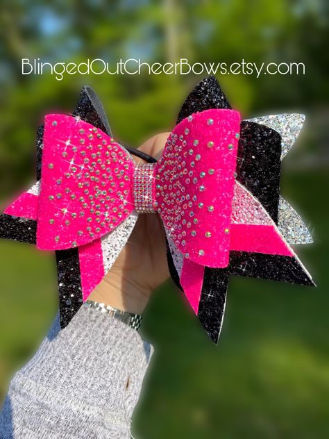 Competition Cheer Bows Rhinestones, Pink Out Cheer Bows, Pink Cheer Uniforms, Cheer Bows Ideas, Diy Cheer Bows, Cheer Bow Ideas, Competition Cheer Bows, Cheer Bow Tutorial, Sparkly Cheer Bows