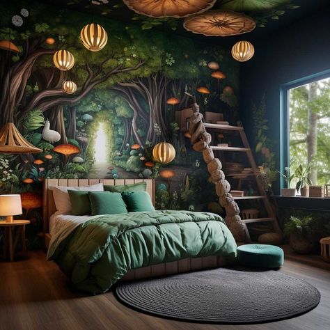 Forest Bedroom Paint Colors, Fairytale Bedroom Kids, Forest Bedroom Kids, Kids Forest Bedroom, Green Kids Bedroom, Girls Fairy Bedroom, Nature Kids Room, Forest Themed Bedroom, Bedroom Paint Design