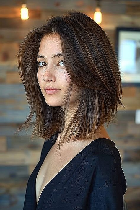 An angled long bob with subtle highlights on a woman's dark hair, creating a sleek and refined look. Angled Lob Haircuts For Fine Hair, Angled Long Bob Haircuts, Angled Lob Haircut, Lob For Thick Hair, Long Bob Ideas, Angled Long Bob, Bob Haircuts With Highlights, Haircuts With Highlights, Angled Lob