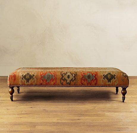 Indian Inspired tapestry bench/table. Kilim Ottoman, Carpet Cover, Ottoman Coffee, Ottoman Coffee Table, Moroccan Decor, Upholstered Bench, Apartment Interior Design, Apartment Interior, On The Floor