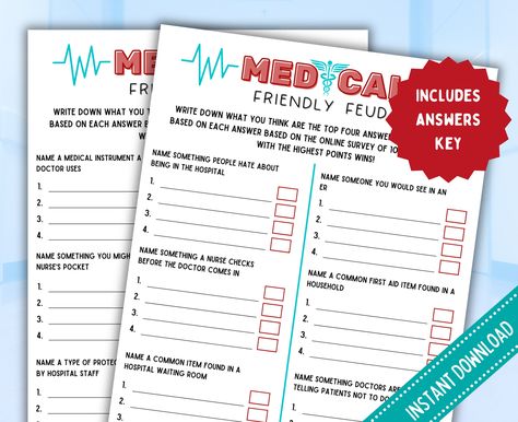 Family Feud game for nurse/ doctor graduation or retirement party activity - feud game file for virtual party - INSTANT DOWNLOAD by PrintGoGame on Etsy Nurse Games, Family Feud Game, 12 Questions, Doctor Graduation, Answer Sheet, Virtual Party, Game Nights, Nurse Doctor, Family Feud