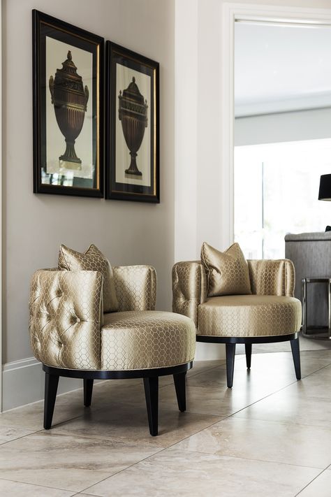 OSCAR OCCASIONAL CHAIR. An inspirational luxury accent chair that makes an impact in this luxury entrance. This charming round occasional chair with the chic curves features a deep buttoned back, pipping details and an optional swivel plinth for those searching for a luxury swivel chair. Here featured in gold fabric.  – This luxury home interior is designed by the S&C interior design team for a family who needed a glamorous mansion for entertaining and a family home with growing children. Kursi Ban, White Furniture Living Room, Set Sofa, Luxury Chairs, Luxury Home Furniture, Living Room Sofa Design, Luxury Homes Interior, Luxury Sofa, Upholstered Furniture