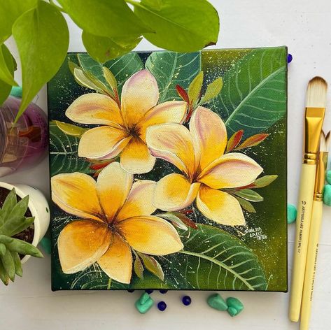 Kathgolap Painting, Tropical Painting Acrylic Canvases, Tropical Painting Ideas, Plumeria Painting, Mexico Painting, Canvas Painting For Beginners, Canvas For Beginners, Painting For Beginners, Easy Canvas Painting