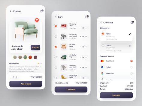 Hey Dribbblers 🔥 Here more screens for the Orix furniture project. Product details and cart screen and the payment screen. It helps you to add products and do payments too.I am always open to im... Add To Cart Design, Cart Ui Design Mobile, Payment Screen Ui, Payment Ui Design Mobile, Furniture App Design, Cart Design, Ecommerce App, Mobile App Design Inspiration, App Interface Design