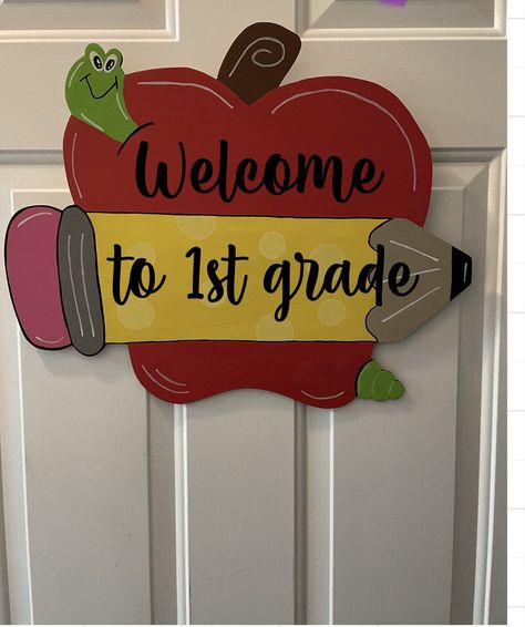 Excited to share this item from my #etsy shop: Teacher door sign, apple door sign, book door sign, Welcome to school sign, wood teacher decoration, teacher appreciation gift