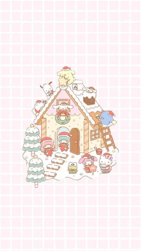 Pompompurin Wallpaper Christmas, Pompompurin Christmas Wallpaper, Wallpaper Ipad Sanrio, Xmas Wallpaper Ipad, Christmas Village Drawing, Sanrio Christmas Wallpaper, Pink Christmas Iphone Wallpaper, December Bujo, Christmas Wallpaper Ipad