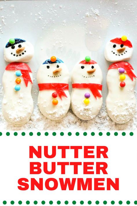 A Christmas treat sure to be show stoppers! These Nutter Butter Snowmen are super easy to make and just the most adorable cookies ever! The kids can have fun helping make snow people for the holidays! Santa Nutter Butter Cookies, Thrifty Crafts, Best Christmas Desserts, Cookie Exchange Recipes, Fruit Roll, Snowman Cookies, Nutter Butter Cookies, Nutter Butter, Crowd Pleasing Recipes